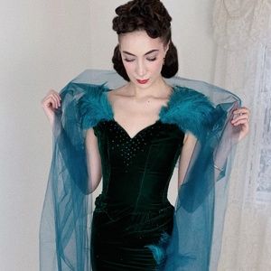 Green Velvet Swarovski Ostrich Feather Dress
